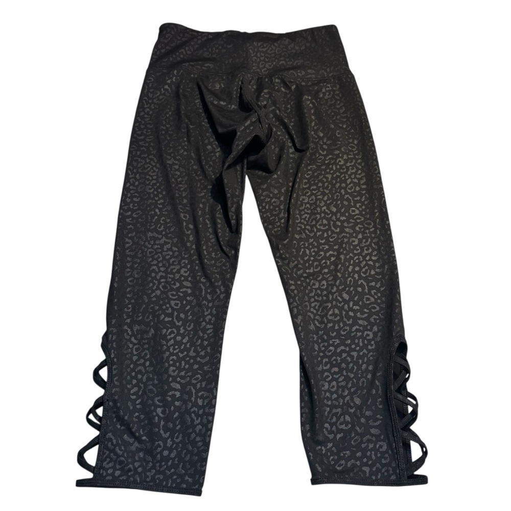Half Moon Capri Leggings Small Black Shiny Leopard Print Strappy Cutout Design - Picture 4 of 14